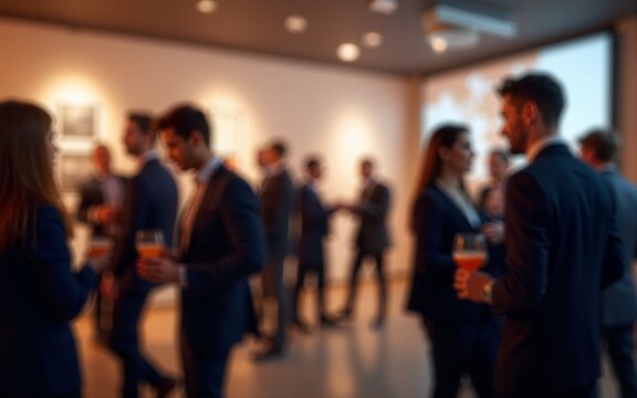 Corporate Event Blur - Blurred background of a corporate event or networking function with professionals and refreshments. High quality