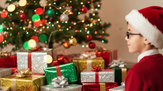 Excited Young Boy in Santa Hat Gazing at Colorful Christmas Tree and Presents at Holiday Time - Powered by Adobe