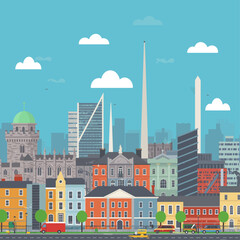 cityscape illustration of dublin city ireland with colorful buildings and landmarks under a blue sky perfect for travel and tourism concepts.