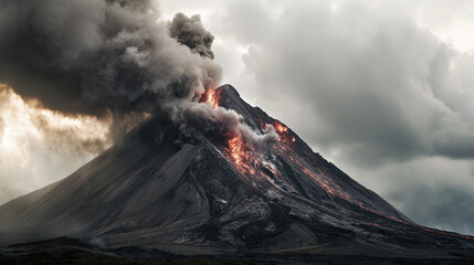 erupting. A powerful volcano erupting with lava and ash against the sky. ESG reports, sustainability campaigns, designed for sustainability communications and ESG reporting.
