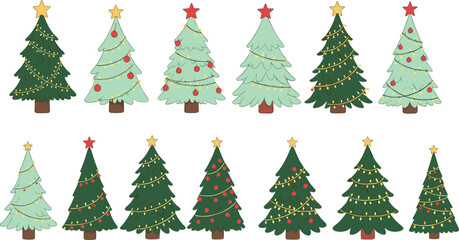 Large Collection of Whimsical Christmas Trees Vector Decorated with Red Stars, Ornaments, and Gold String Lights