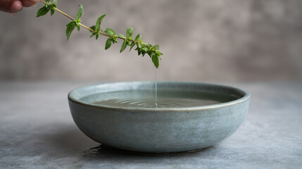 hyssop. A hyssop branch being dipped into a ceramic bowl of clear water. event programs, museum guides, designed for cultural heritage projects and event programs.
