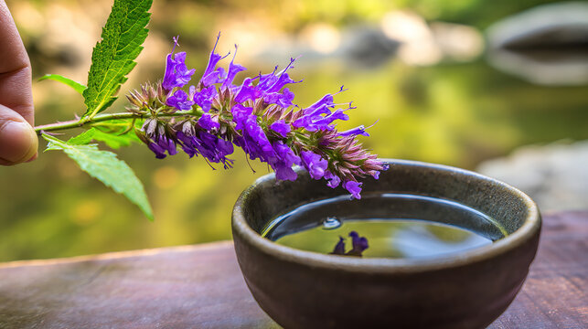hyssop. A hyssop branch being dipped into a ceramic bowl of clear water. event programs, museum guides, designed for cultural heritage projects and event programs.

