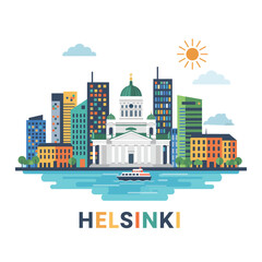 Helsinki skyline illustration with the Helsinki Cathedral and modern architecture on the waterfront ideal for travel blogs and Scandinavian tourism promotion.