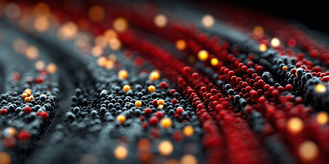Abstract 3D rendering of dynamic red and grey organic flowing shapes with bokeh and depth of field