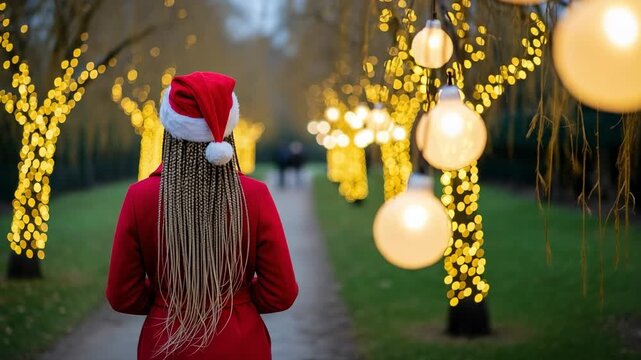 A young woman with long braids wearing a red Santa hat and coat walks along a festive path illuminated by glowing Christmas lights and decorated trees.