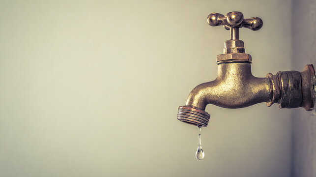 leak. A vintage brass water faucet with a single droplet hanging from its spout. bar promotions, beverage menus, designed for product packaging and bar promotions, elevates brand perception.
