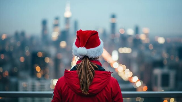 Young Female in Red Coat and Santa Hat Gazing at City Skyline During Christmas Evening