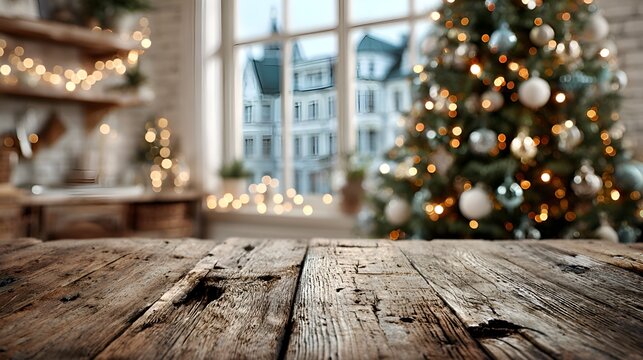 A rustic wooden table provides foreground focus in a cozy room with a decorated Christmas tree and festive lights by a large window at winter.