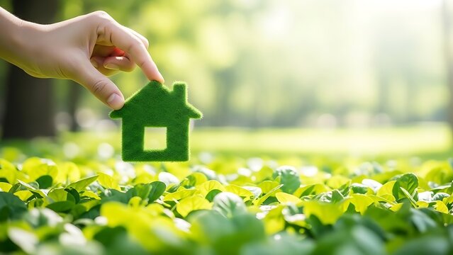 A hand holding a green house symbol over a field of green plants, representing eco-friendly living.