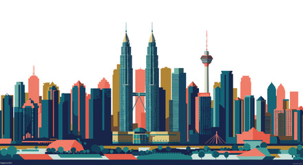 kuala lumpur skyline illustration showcasing the twin towers and cityscape at daytime suitable for travel blogs and architectural publications