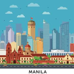 Obraz premium Manila cityscape illustration showcasing historic architecture and modern skyscrapers ideal for travel blogs and tourism campaigns highlighting cultural heritage travel destination