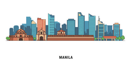 Manila skyline illustration historic architecture meets modern cityscapes ideal for travel blogs showcasing Philippines cultural heritage and urban development.