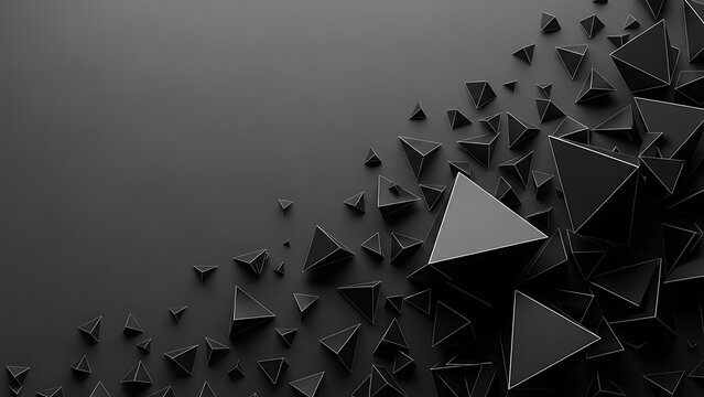 Modern abstract composition of numerous black triangular pyramids on a gray surface.