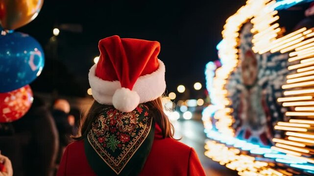 Back view of a person wearing a festive Santa hat and red coat, holding colorful balloons, enjoying a vibrant night parade with blurred illuminated decorations.