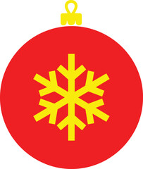 Simple Red Christmas Ornament Vector Icon, Flat Bauble Decoration with Yellow Snowflake Graphic
