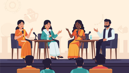 This flat design vector illustration depicts a dynamic panel discussion featuring Indian literary figures at a festival event. 