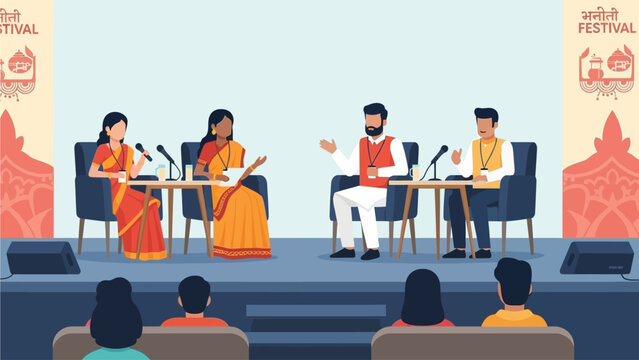This flat design vector illustration depicts a dynamic panel discussion featuring Indian literary figures at a festival event. 