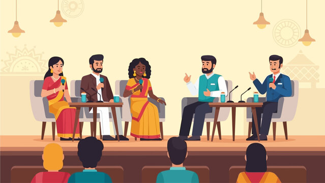 This flat design vector illustration depicts a dynamic panel discussion featuring Indian literary figures at a festival event. 