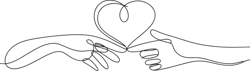 Hands with heart continuous line art vector – minimal love, care, and compassion concept design for charity, unity, or relationship illustration