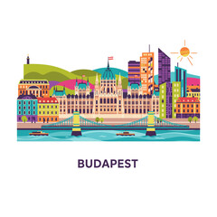 budapest cityscape illustration panoramic vector of the hungarian parliament building  chain bridge across the danube river in bright colors travel poster tourism