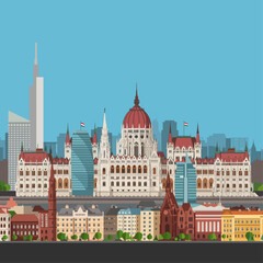 Budapest skyline vector illustration showcasing the Hungarian Parliament Building amidst modern architecture ideal for travel blogs architectural designs and city guides.