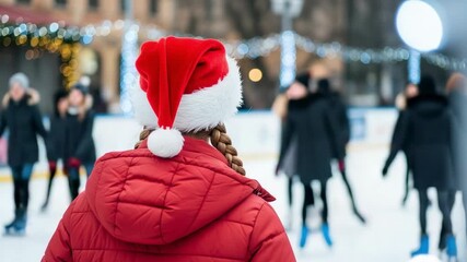 Back view of a young girl wearing a red Santa hat and warm winter jacket, observing ice skaters at a festive outdoor rink during the holiday season. - Powered by Adobe