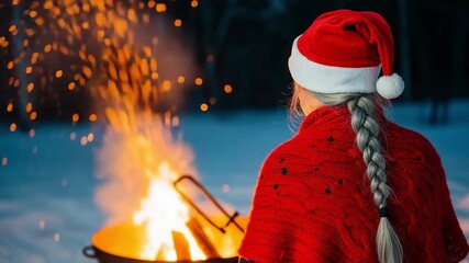 Young woman with a long braid wearing a red Santa hat and shawl, warming by a crackling bonfire in a snowy winter evening. - Powered by Adobe