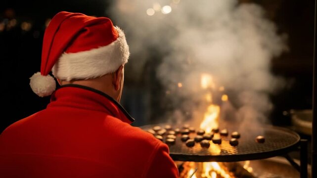 Man in Santa hat roasting chestnuts over open fire at a festive winter market, creating a warm holiday atmosphere.