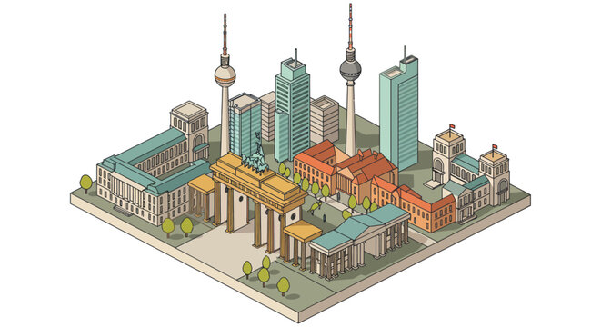 berlin city isometric illustration depicting iconic buildings and landmarks in a captivating isometric view ideal for travel and architectural promotions
