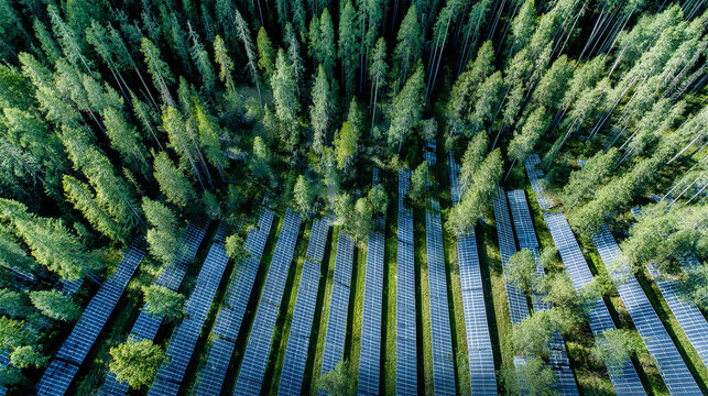 Aerial view of forest blending seamlessly into solar panel field, symbolizing nature + technology harmony