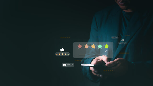 Review and Satisfaction Concept Customers give five-star ratings and positive comments for quality service and reviews, online service experience ratings, and business reputation for top service.