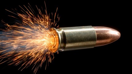 High-speed photograph of a bullet in flight with fiery sparks.