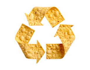 Crunchy tortilla chip recycle symbol made of yellow corn snack arrows on isolated background