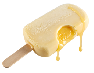 Yellow ice cream popsicle bar with fruit filling bite and melting drips on isolated background