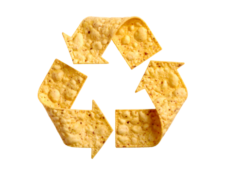 Crunchy tortilla chip recycle symbol made of yellow corn snack arrows on isolated background