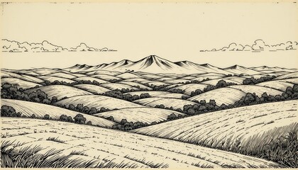 Vintage style Ink Line Rolling Hill Landscape Drawing