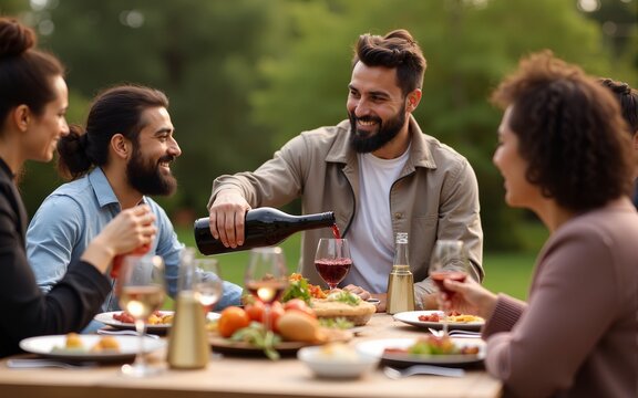 Multi cultural group of people dining together outdoors, Man pouring red wine into glass during cozy family dinner with festive table served with mediterranean food, Friendship Dinner Hanging Out