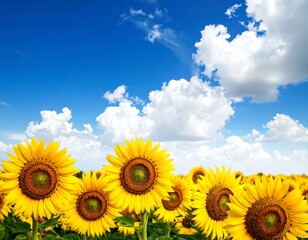 Obraz premium Bright yellow sunflowers in a field against a vibrant blue sky dotted with puffy white clouds