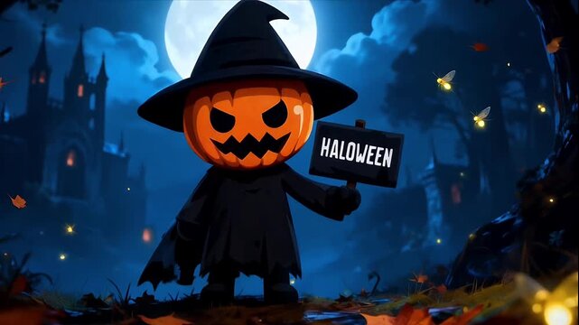 Midnight Pumpkin Witch: Spooky Halloween Scene with Full Moon and Haunted Castle