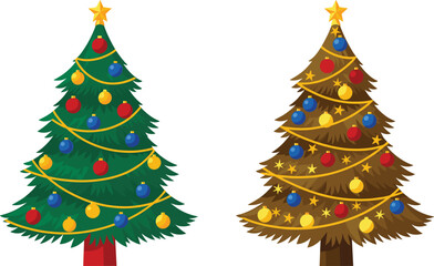 Two Decorated Christmas Trees Vector Set, Festive Holiday Ornaments, Lights, and Star Topper Graphics