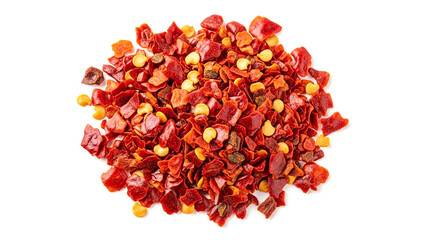 Pile of vibrant red chili flakes and seeds ready for spicy culinary use on white background