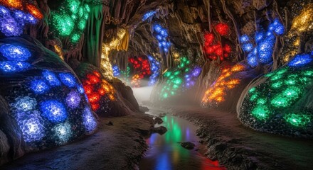 Fototapeta premium Enchanted Cave - A Mystical Grotto Illuminated by Colorful Lights.
