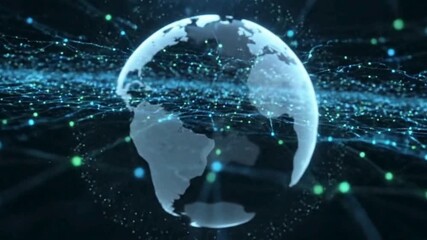 A dynamic 3D animation of a spinning digital earth globe surrounded by a chaotic, flowing network of blue and green glowing particles, symbolizing global data and connection. - Powered by Adobe