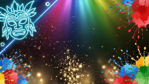 Festival Ati-Atihan, dark to neon gradient wallpaper, glowing tribal mask outline at the corner, colorful paint splash accents