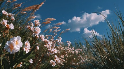 Blooming White Flowers and Tall Grass Swaying in Breeze Against Blue Sky with Clouds, Sunny Day Natural Outdoor Scene.