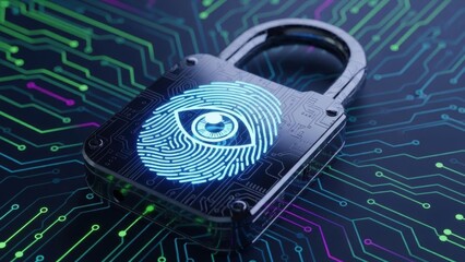 Lock with fingerprint and eye icon on circuit board