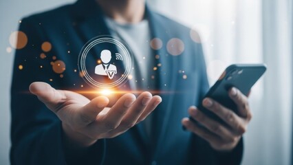 Man holding digital icon with business person