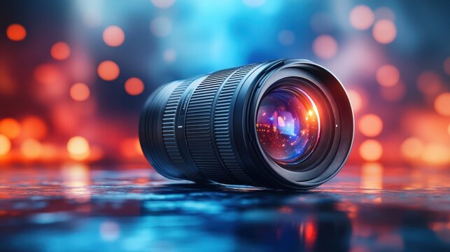 Modern camera lens on reflective surface, vibrant background