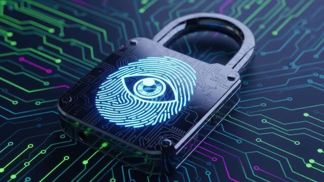 Lock with fingerprint and eye icon on circuit board